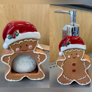 Gingerbread Man Soap Dispenser & Matching Sponge Scrub Holder Set Christmas NWT